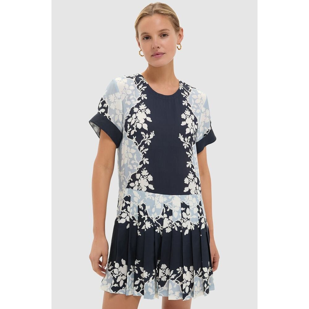 Navy and Light Blue Floral Short Sleeve Pleated Dress